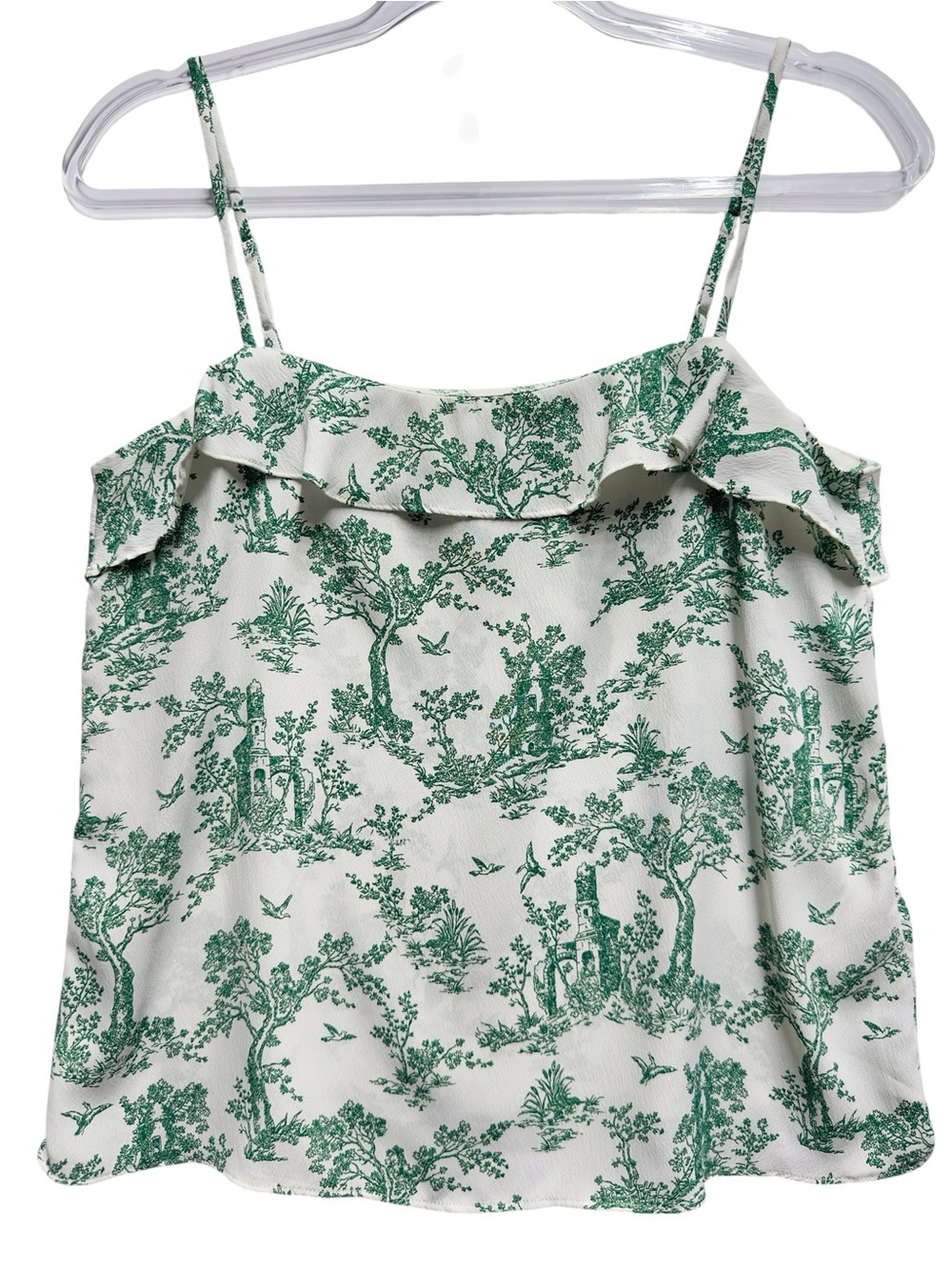 Silky Matte Satin Knit Garden Tree Bird Toile Ruffle Ruffle Cami Blouse Tank Top